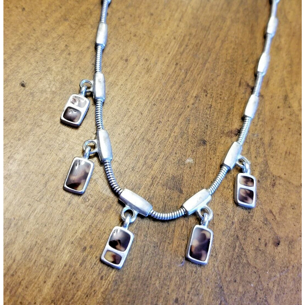 Brushed Silver Metal Dangle Faux Tortoise Shell NECKLACE Vintage Hook Aztec